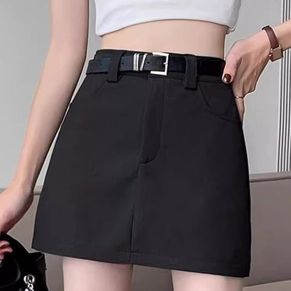 Set: High Waist Plain Mini A-Line Skirt + Belt