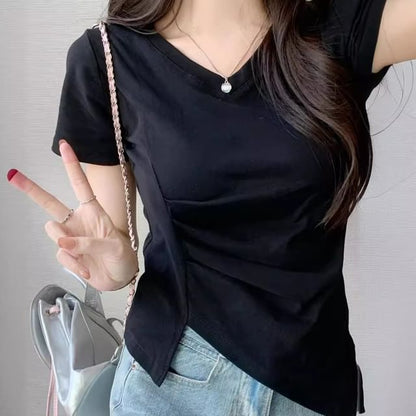 Short-Sleeve V-Neck Plain Ruched Asymmetrical T-Shirt