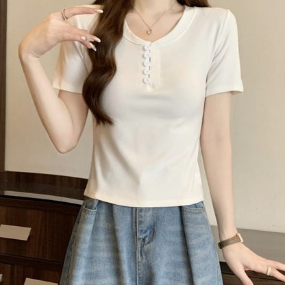 Short-Sleeve Henley Plain T-Shirt