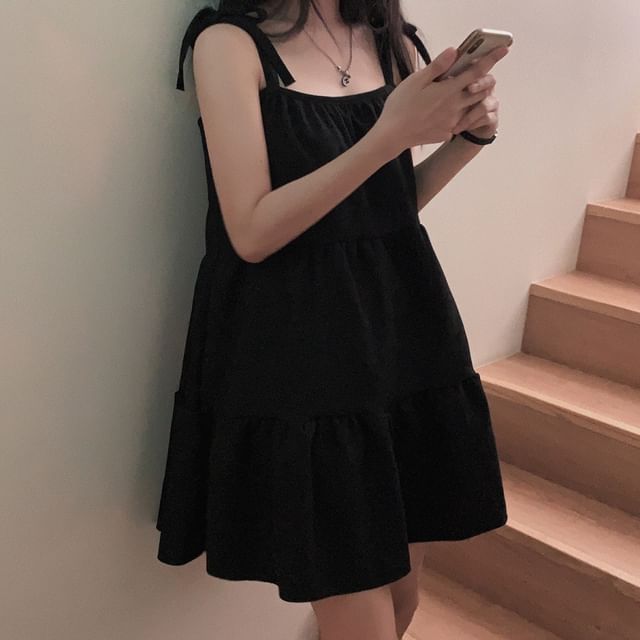 Tie Shoulder Simple Tiered Mini A-Line Dress