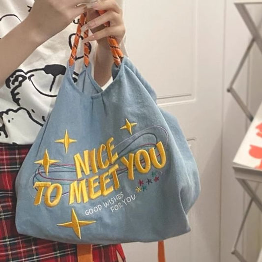 Lettering Embroidered Denim Crossbody Tote Bag