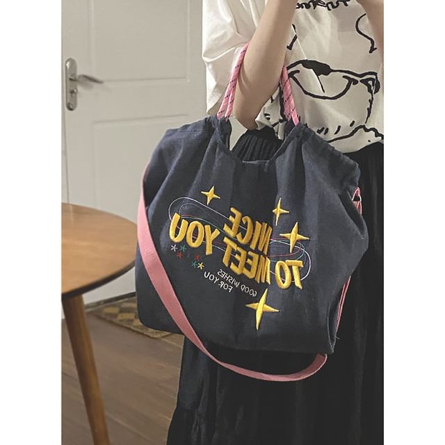 Lettering Embroidered Denim Crossbody Tote Bag