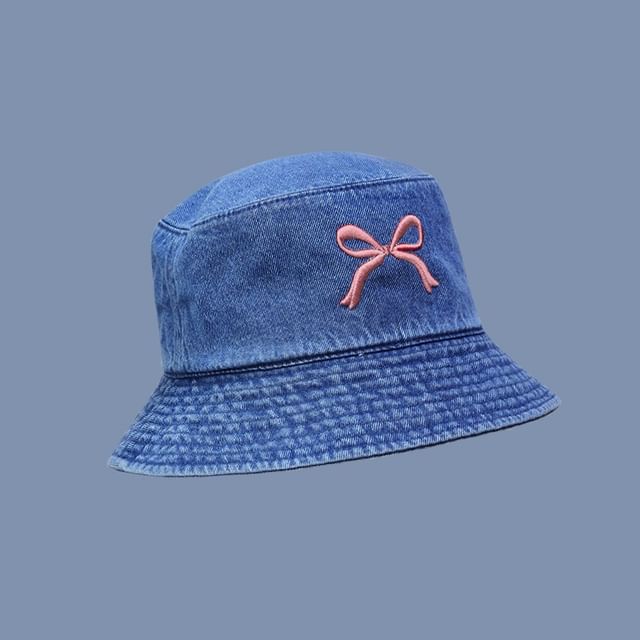 Bow Embroidered Denim Bucket Hat