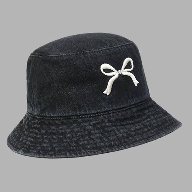 Bow Embroidered Denim Bucket Hat