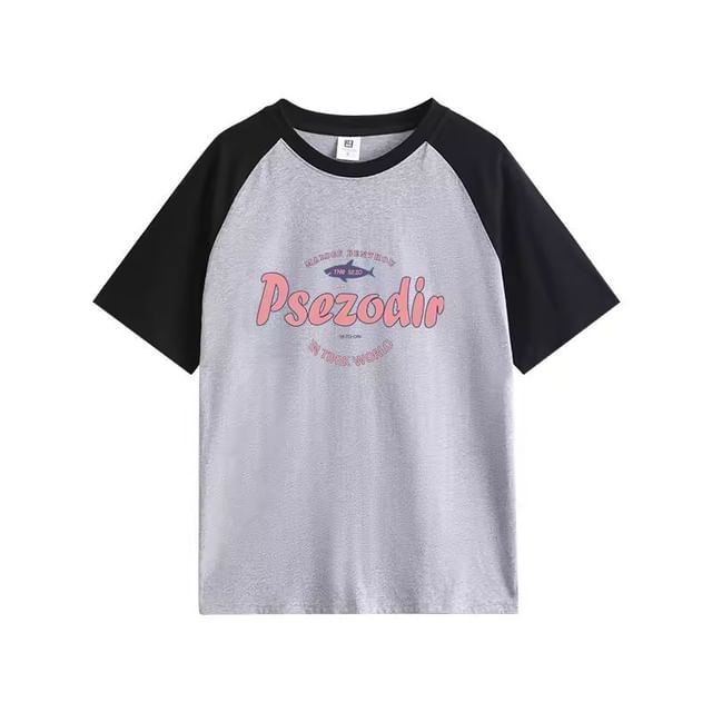 Elbow-Sleeve Round Neck Lettering Raglan Tee