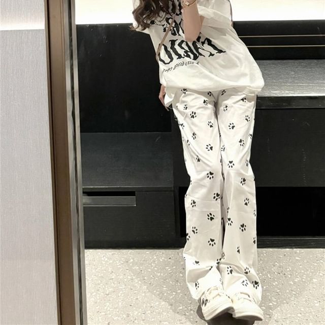 Elastic Waist Paw Print Loose Fit Pants