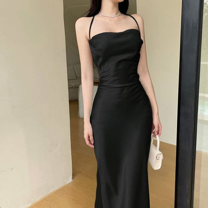 Thin Strap Simple Tie Back Satin Maxi Sheath Dress