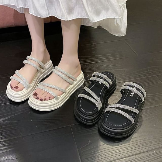 Rhinestone Strappy Platform Slide Sandals