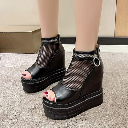Mesh Wedge Platform Sandals Hidden