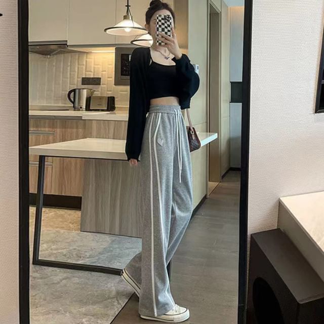 High Waist Heart Embroidered Striped Straight-Fit Wide-Leg Sweatpants