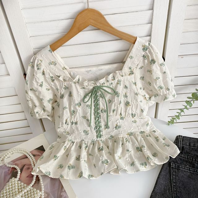 Short-Sleeve Floral Lace-Up Peplum Blouse