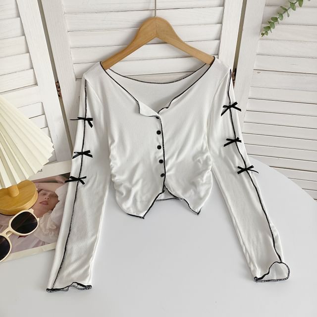 Long-Sleeve Plain Asymmetrical Bow Tee