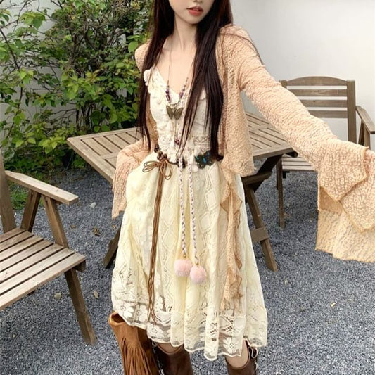 Thin Strap V-Neck Lace Mini A-Line Dress or Light Jacket