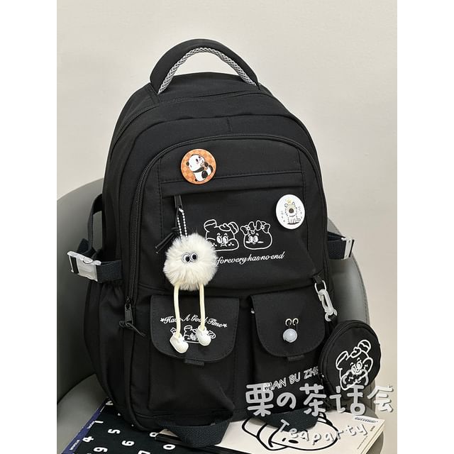 Cartoon Embroidered Color Block Backpack / Bag Charm / Coin Purse / Set