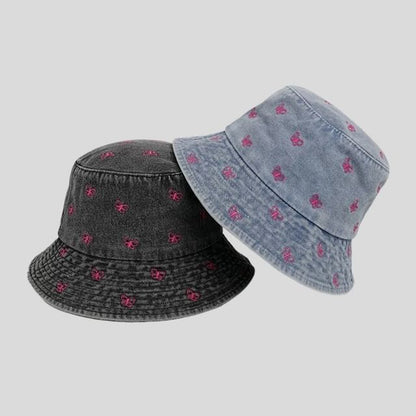 Bow Denim Bucket Hat Washed Embroidered