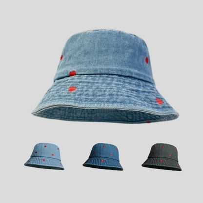 Washed Bucket Embroidered Hat Denim Heart