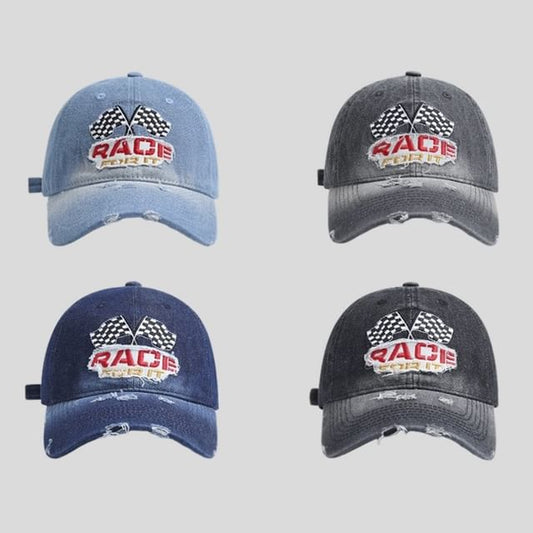 Embroidered Denim Washed Baseball Distressed Lettering Cap