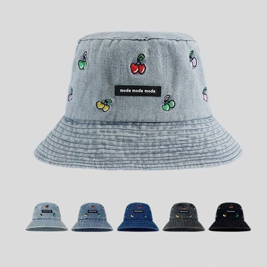 Washed Cherry Embroidered Hat Denim Bucket