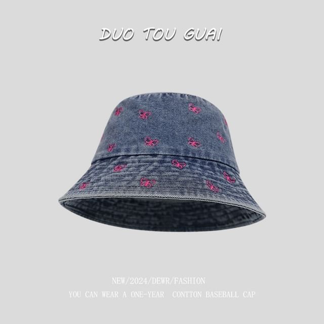 Bow Denim Bucket Hat Washed Embroidered