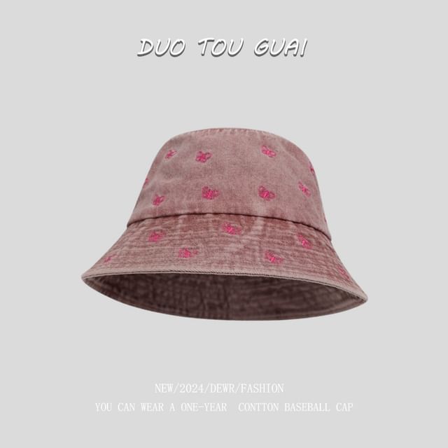 Bow Denim Bucket Hat Washed Embroidered
