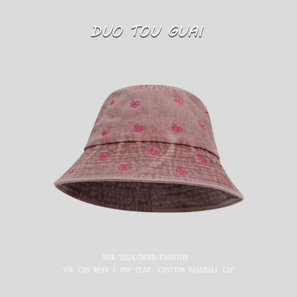 Bow Denim Bucket Hat Washed Embroidered