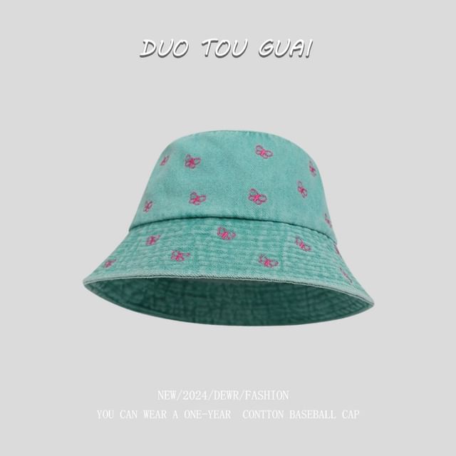 Bow Denim Bucket Hat Washed Embroidered