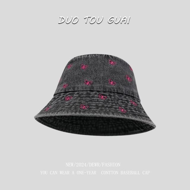 Bow Denim Bucket Hat Washed Embroidered
