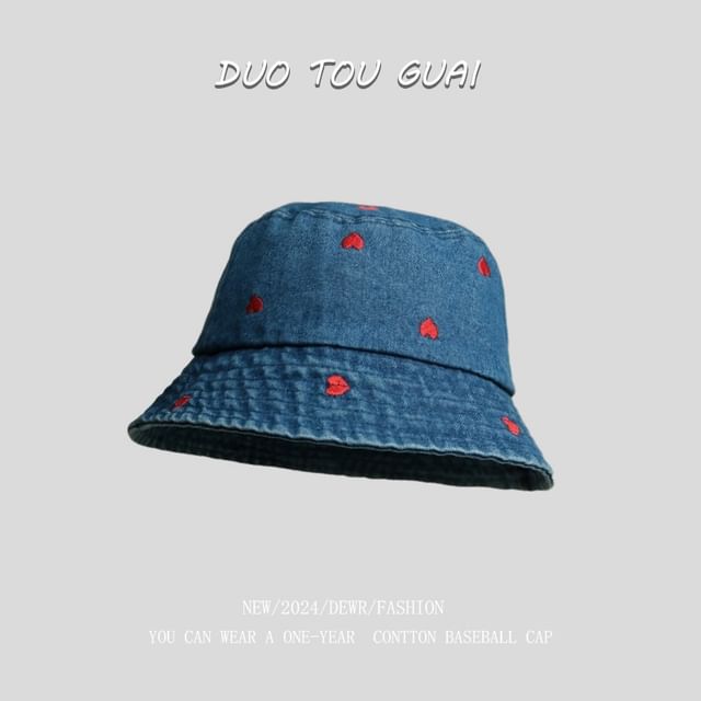 Washed Bucket Embroidered Hat Denim Heart