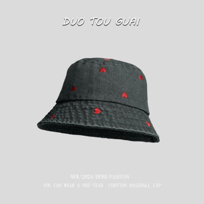 Washed Bucket Embroidered Hat Denim Heart