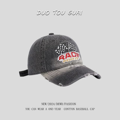Embroidered Denim Washed Baseball Distressed Lettering Cap