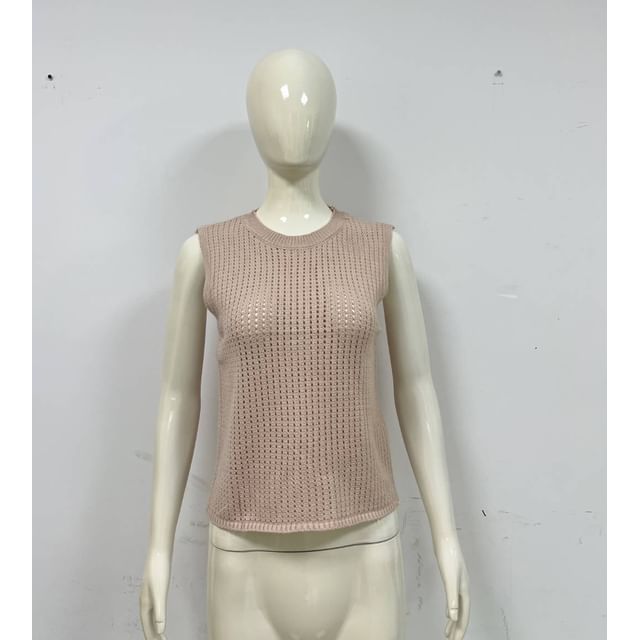 Round Sleeveless Top Plain Knit Neck