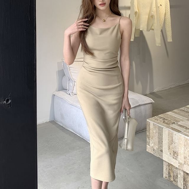 Thin Strap Cowl Neck Simple Ruched Midi Bodycon Dress