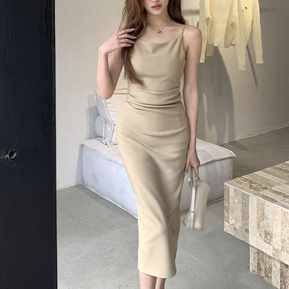 Thin Strap Cowl Neck Simple Ruched Midi Bodycon Dress