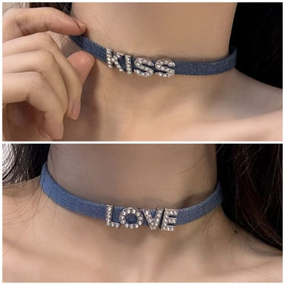 Lettering Rhinestone Denim Choker (Various Designs)