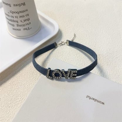 Lettering Rhinestone Denim Choker (Various Designs)