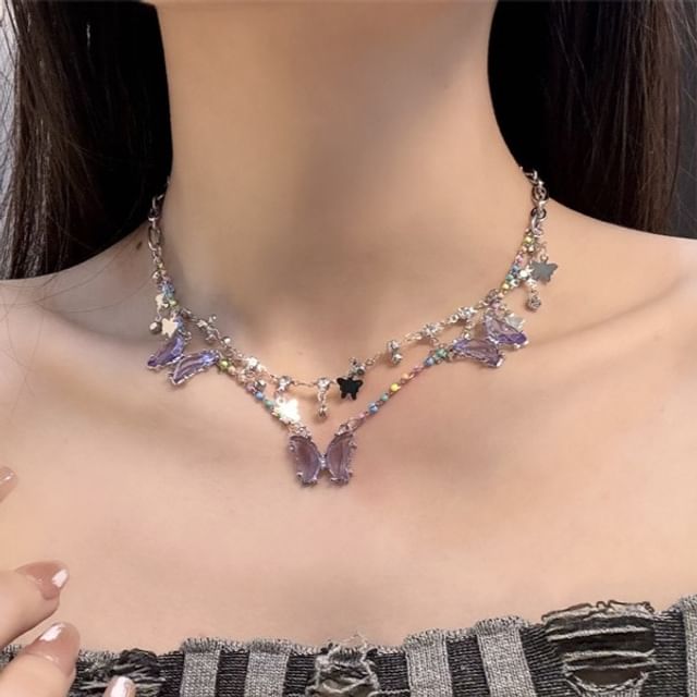 Butterfly Faux Crystal Fringed Layered Necklace