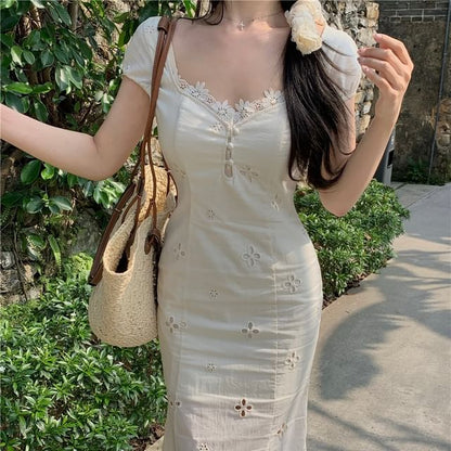 Cap-Sleeve V-Neck Plain Lace Panel Buttoned Eyelet Mini A-Line Dress / Maxi Mermaid Dress