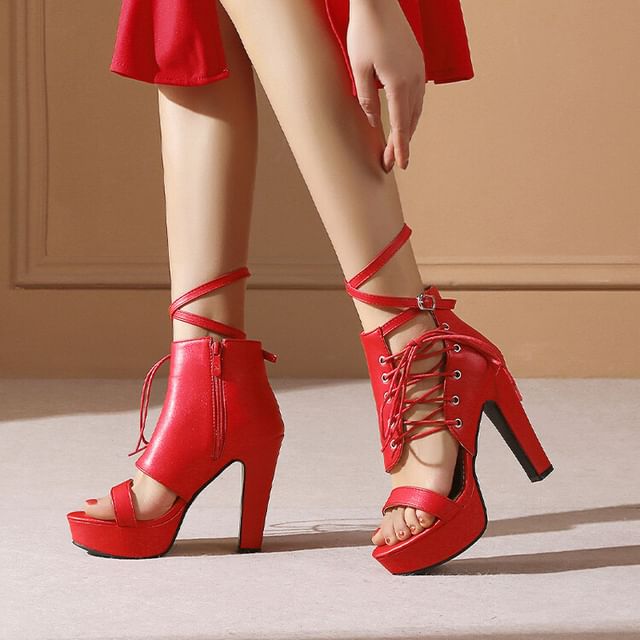 Ankle Strap Lace-Up Platform Chunky Heel Sandals