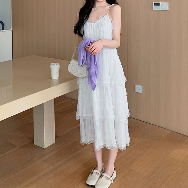 Maternity Thin Strap V-Neck Simple Lace Trim Tiered Midi A-Line Dress