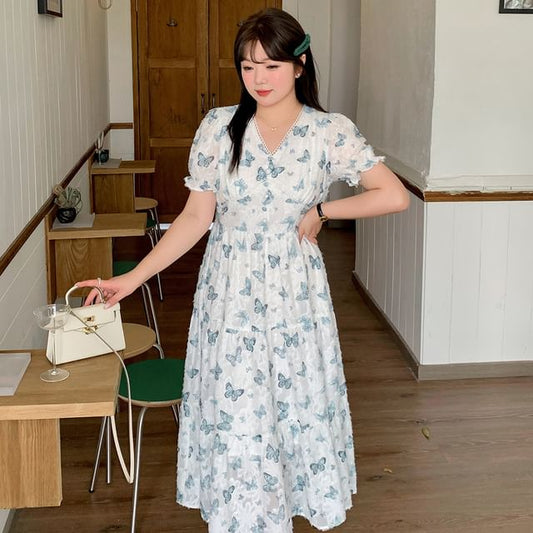 Puff-Sleeve V-Neck Butterfly Print Lace Trim Maxi A-Line Dress