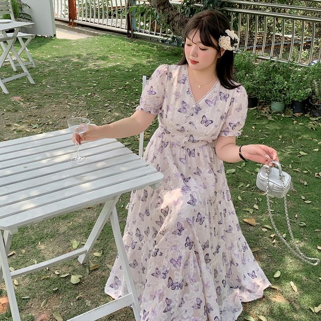 Puff-Sleeve V-Neck Butterfly Print Lace Trim Maxi A-Line Dress