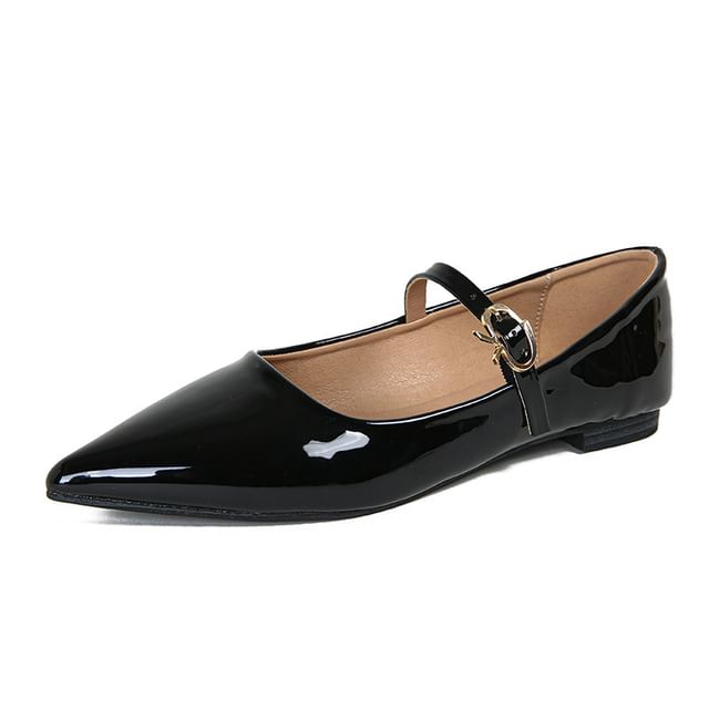 Pointed Toe Plain Patent Leather Mary Jane Flats