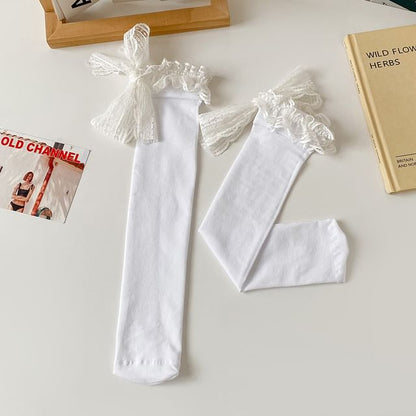 Lace Trim Bow Tall Socks