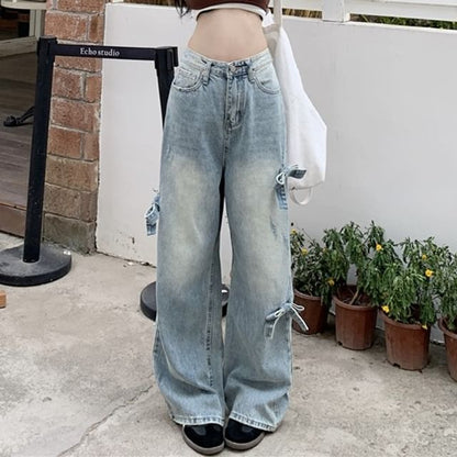Mid Waist Bow Washed Wide Leg Jeans