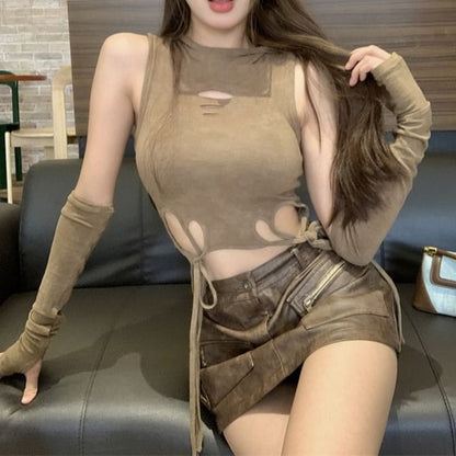 Sleeveless Round Neck Cutout Top / Mid Waist Faux Leather Mini Pencil Skirt