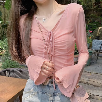 Long-Sleeve V-Neck Plain Sheer Top / Camisole Top