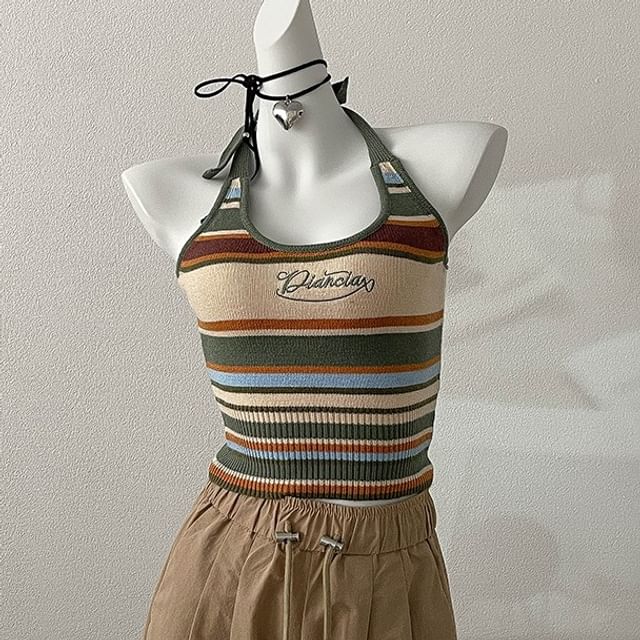 Striped Top Letter Halter Embroidered