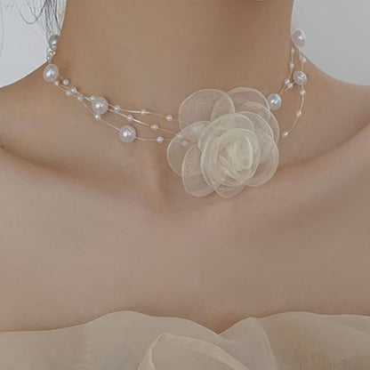 Faux Pearl / Floral Layered Choker