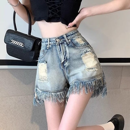 High Waist Washed Distressed Fringe Denim Shorts