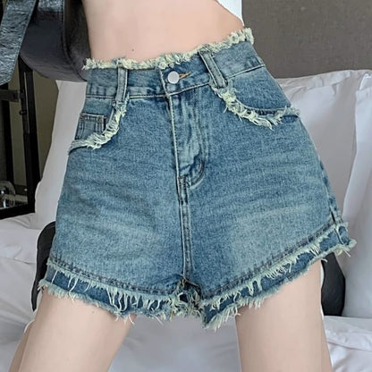 High Waist Washed Fray Denim Shorts